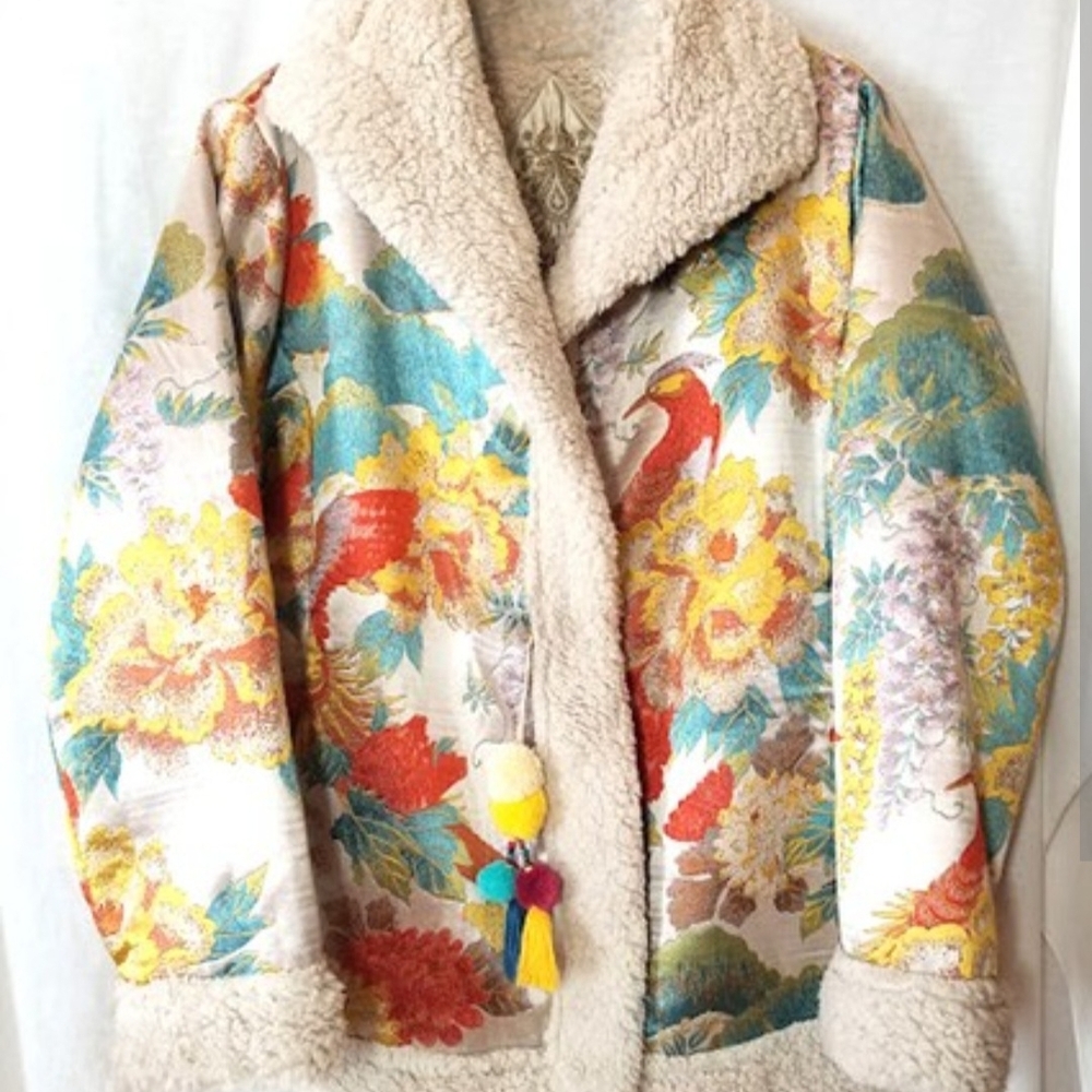NEW Johnny Was Multicolor Floral Plush-Trim Jacket (Cream, Red, Yellow, Teal)